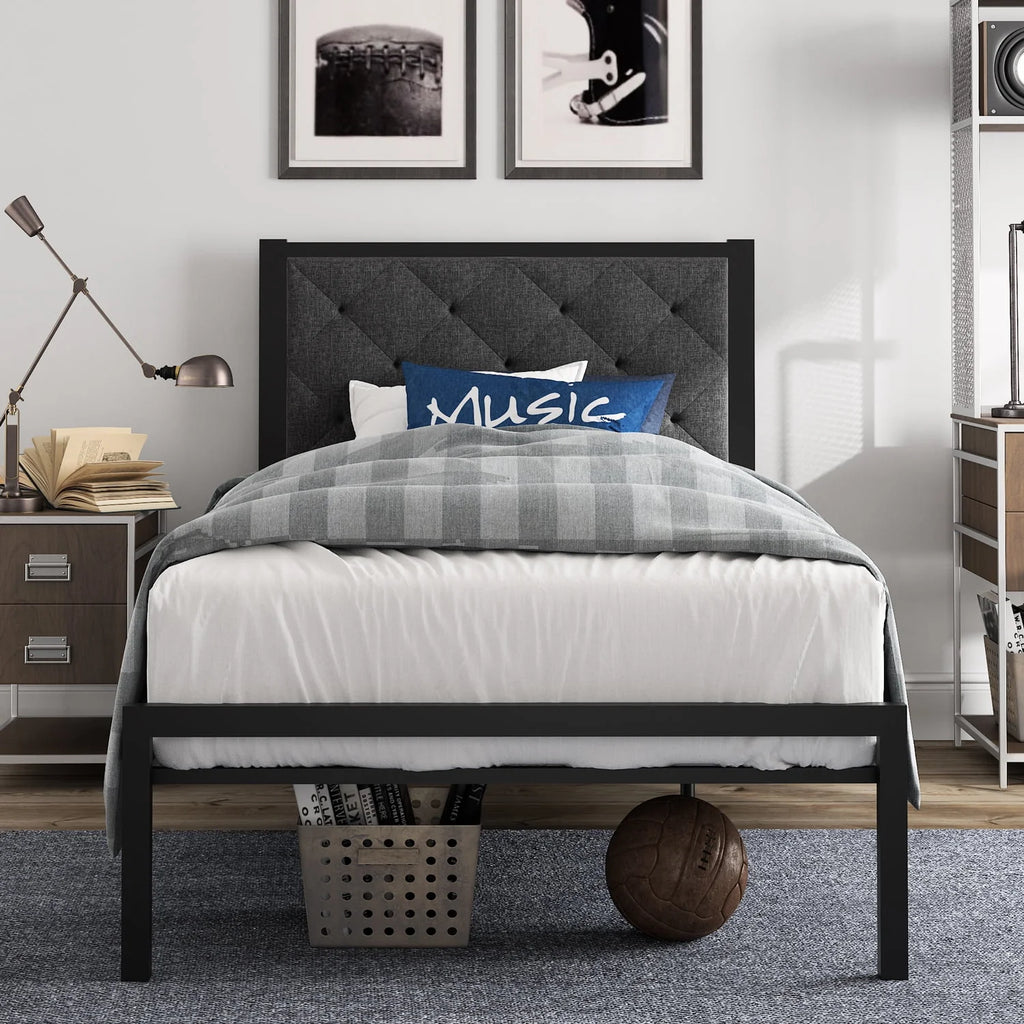 Twin Size Metal Bed Frame with Upholstered Headboard C8145
