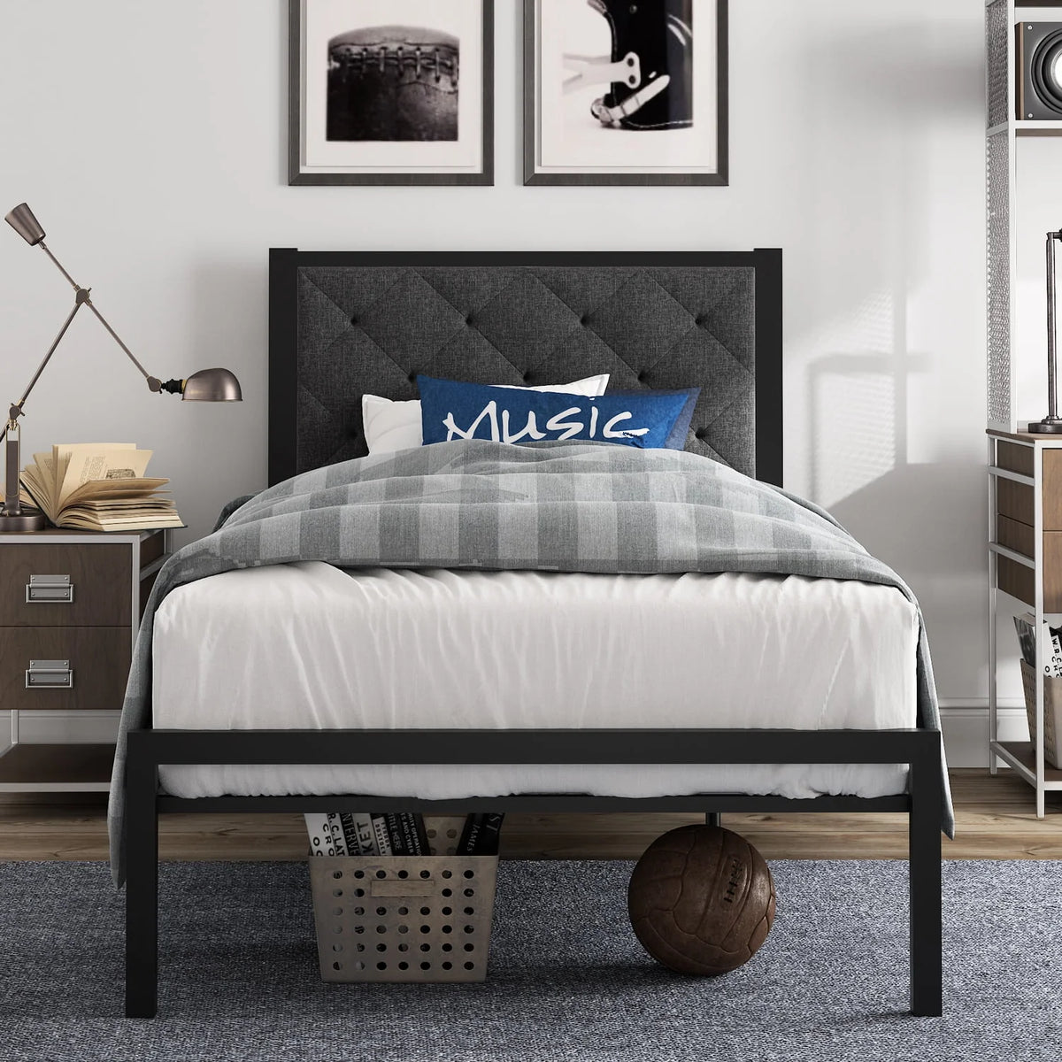 Twin Size Metal Bed Frame with Upholstered Headboard C8145