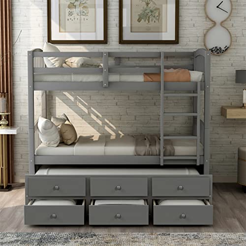 Twin Over Twin Wooden Bunk Bed with Trundle and 3 Storage Drawers H4701