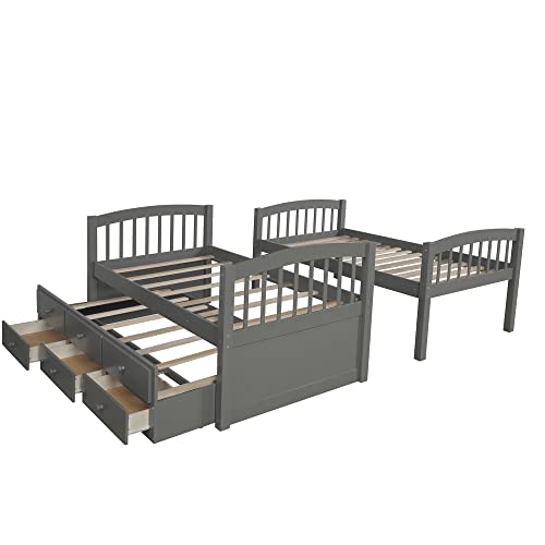 Twin Over Twin Wooden Bunk Bed with Trundle and 3 Storage Drawers H4701