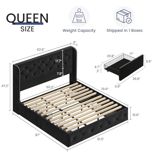 Black Velvet King Size Bed Frame with Storage Drawers and Tufted Headboard V2696