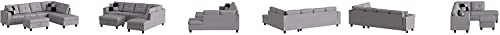 Grey White Linen Fabric L-Shaped Sectional Sofa Set with Storage Ottoman and Pillows Q46407