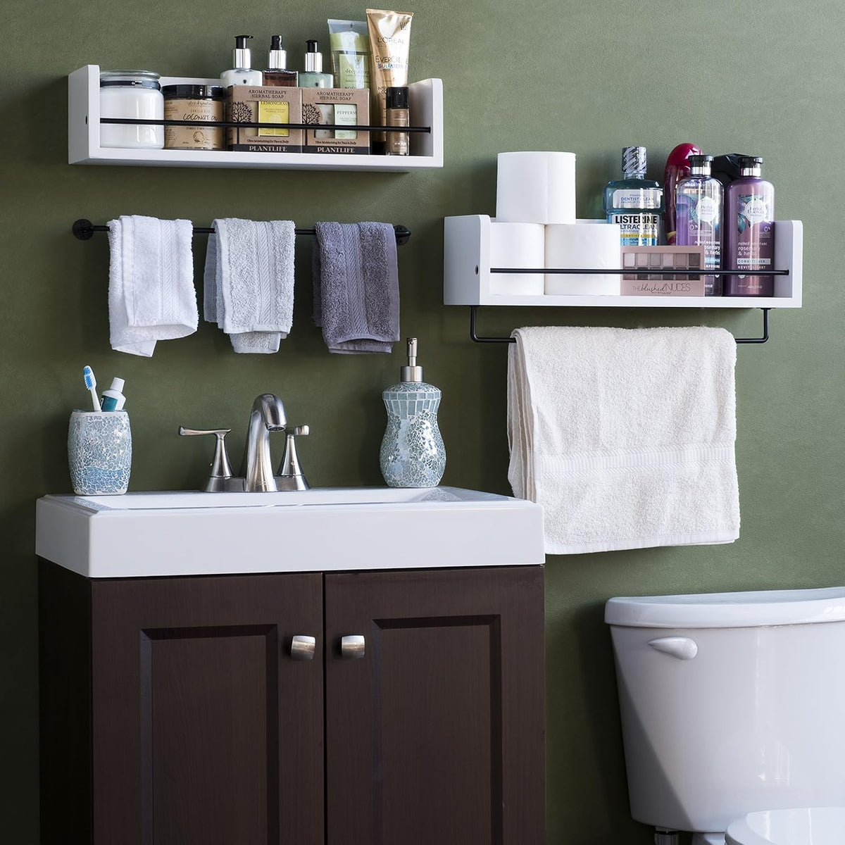 White Rustic Wood Wall Shelf with Metal Rail J6749