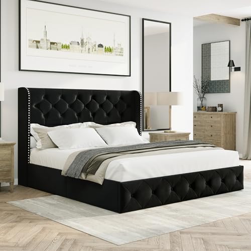 Black Velvet King Size Bed Frame with Storage Drawers and Tufted Headboard V2696
