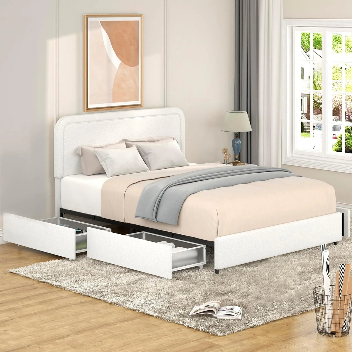 Queen Size Upholstered Platform Bed with 4 Storage Drawers O448