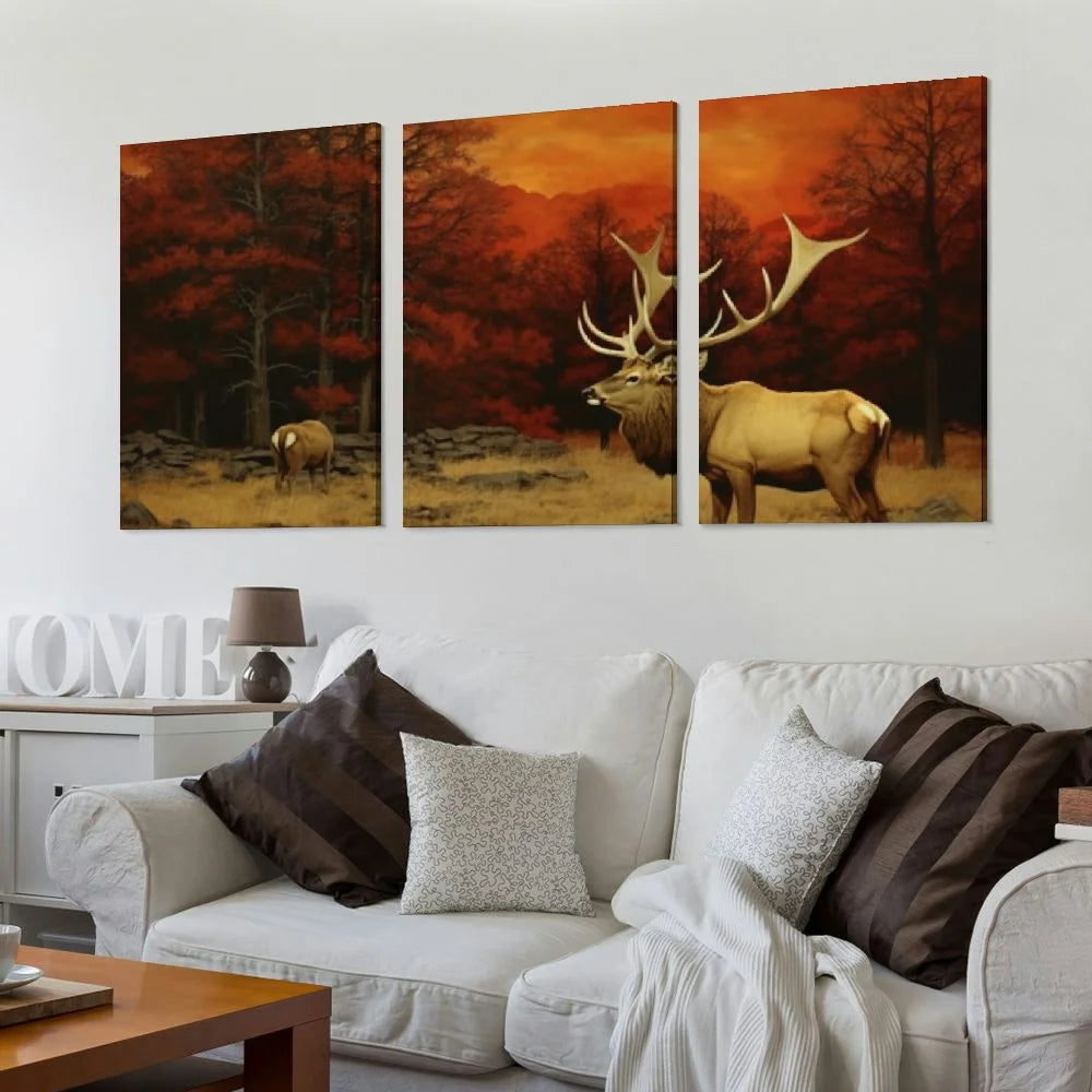 Deer Elk Forest Canvas Wall Art Painting Prints 12''x16'' 3 Panels E53158