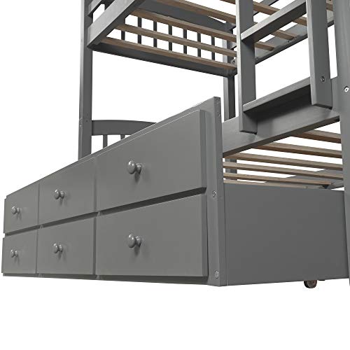 Twin Over Twin Wooden Bunk Bed with Trundle and 3 Storage Drawers H4701