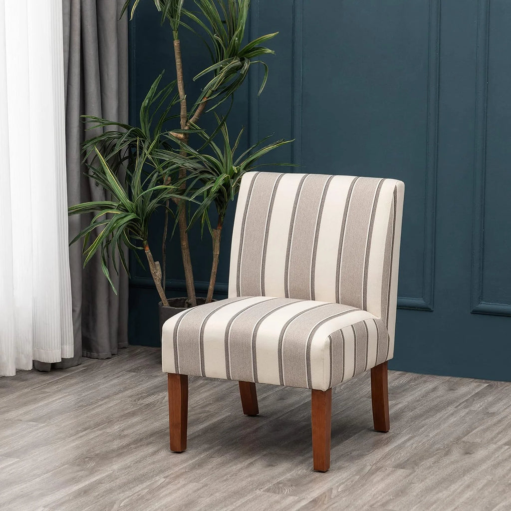 Brown and White Stripe Fabric Armless Accent Chair with Wood Legs X844