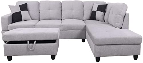 Grey White Linen Fabric L-Shaped Sectional Sofa Set with Storage Ottoman and Pillows Q46407