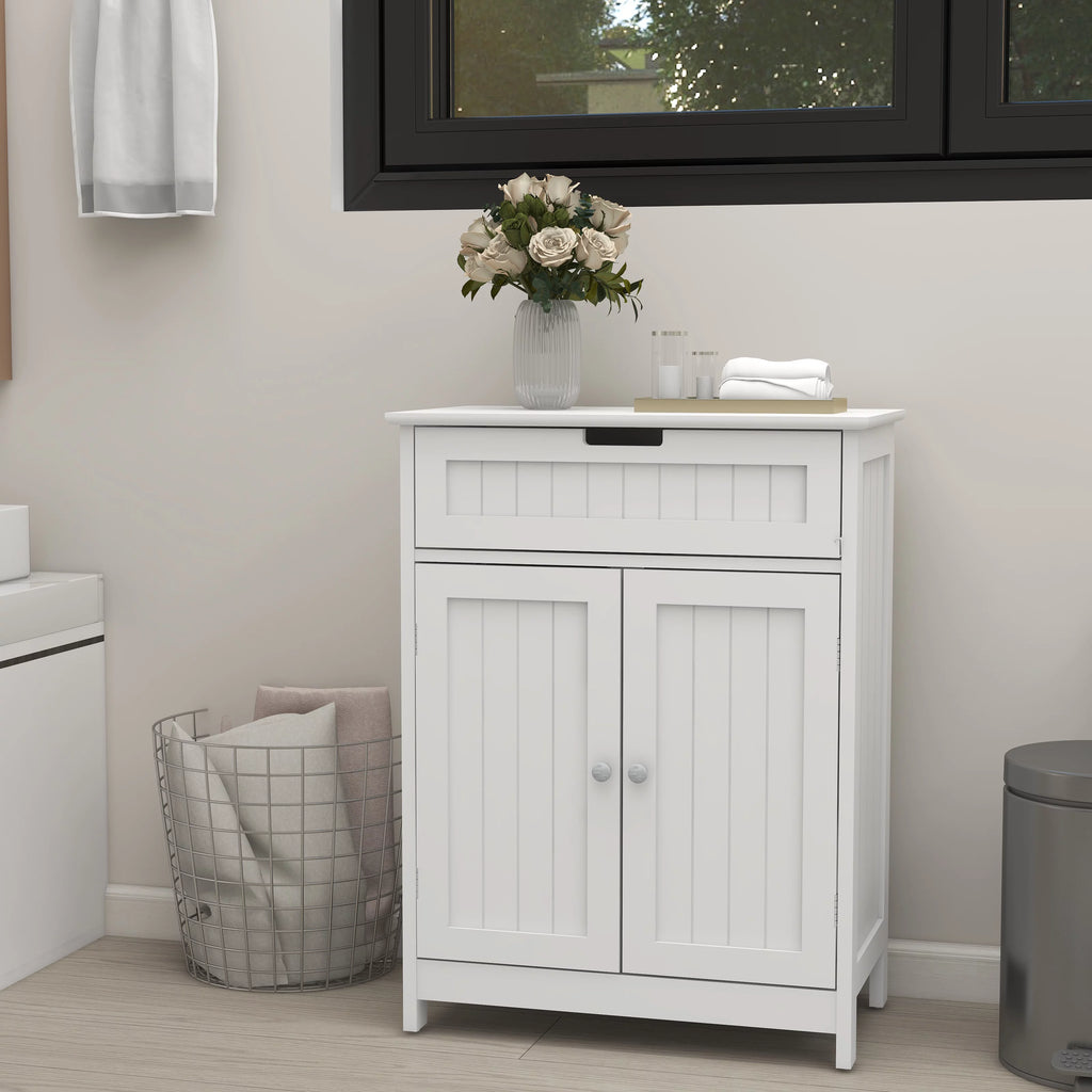 White Wood Bathroom Floor Cabinet 2 Doors 1 Drawer Q363553