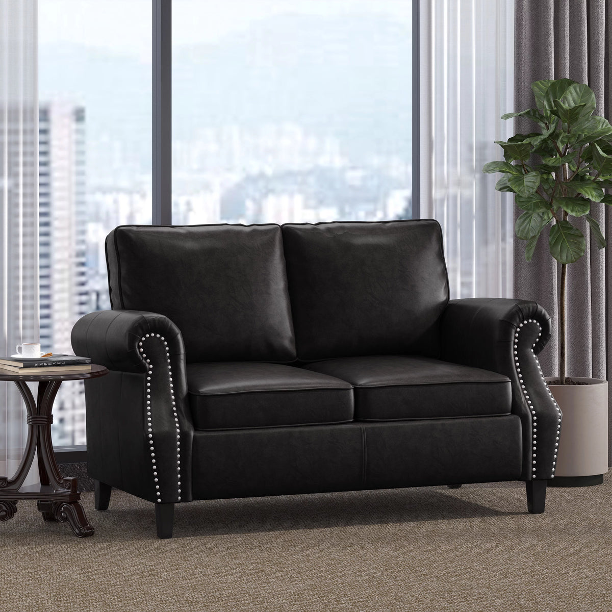 Midnight Black and Dark Brown Faux Leather Loveseat with Nailhead Trim T82967