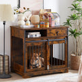 Rustic Brown Wooden Dog Crate with Sliding Barn Door and Storage Drawers P756149