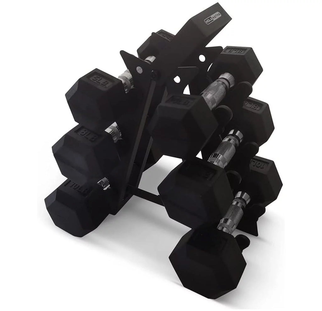 Black Hexagonal Non Slip Dumbbell Set with Folding Storage Rack G637