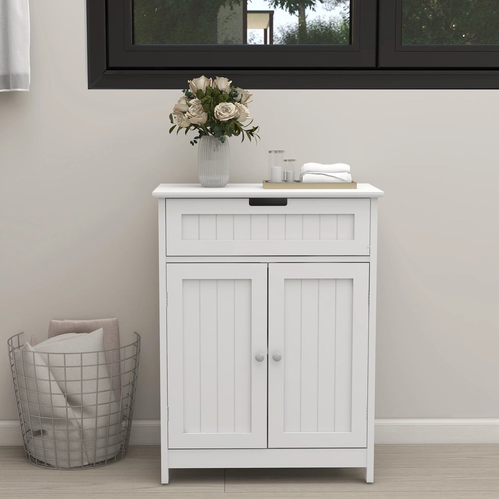 White Wood Bathroom Floor Cabinet 2 Doors 1 Drawer Q363553