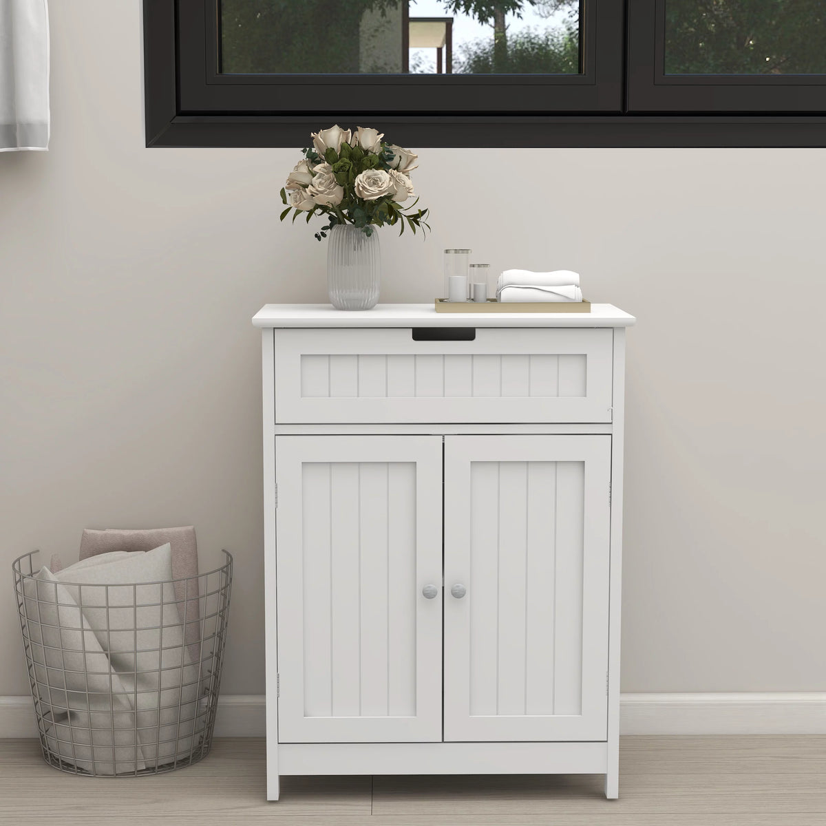 White Wood Bathroom Floor Cabinet 2 Doors 1 Drawer Q363553