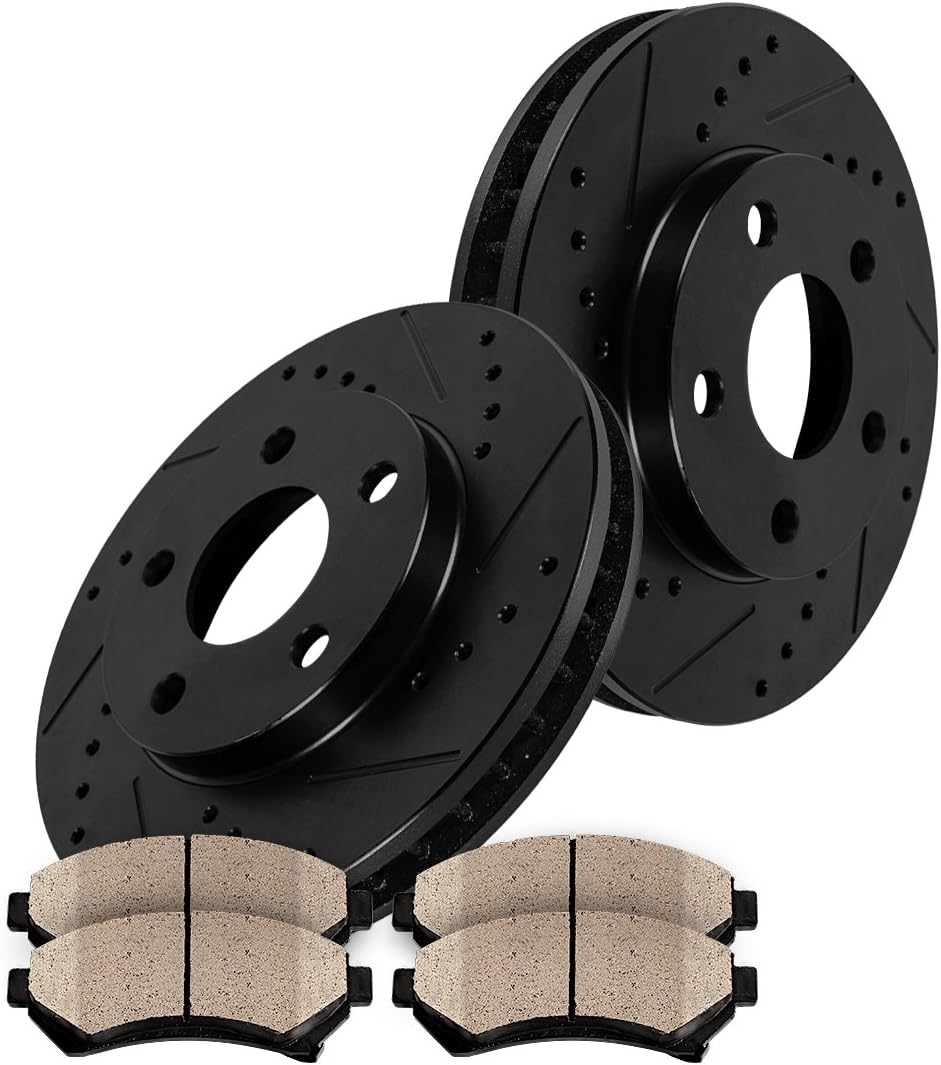 Black Drilled/Slotted Brake Disc Rotors with Metallic Brake Pads D1093