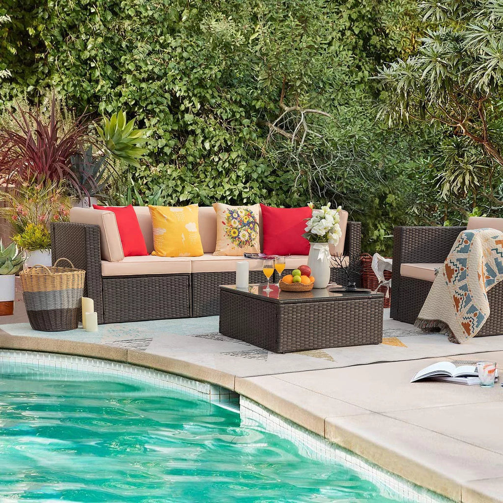 5 Pieces Patio Conversation Set Rattan Sectional Sofa with Glass Table A725937