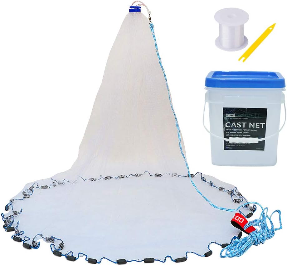 American Saltwater Fishing Cast Net for Bait Trap Fish, 3ft/4ft/6ft/8ft/10ft/12ft Radius, 3/8inch Mesh Size J966