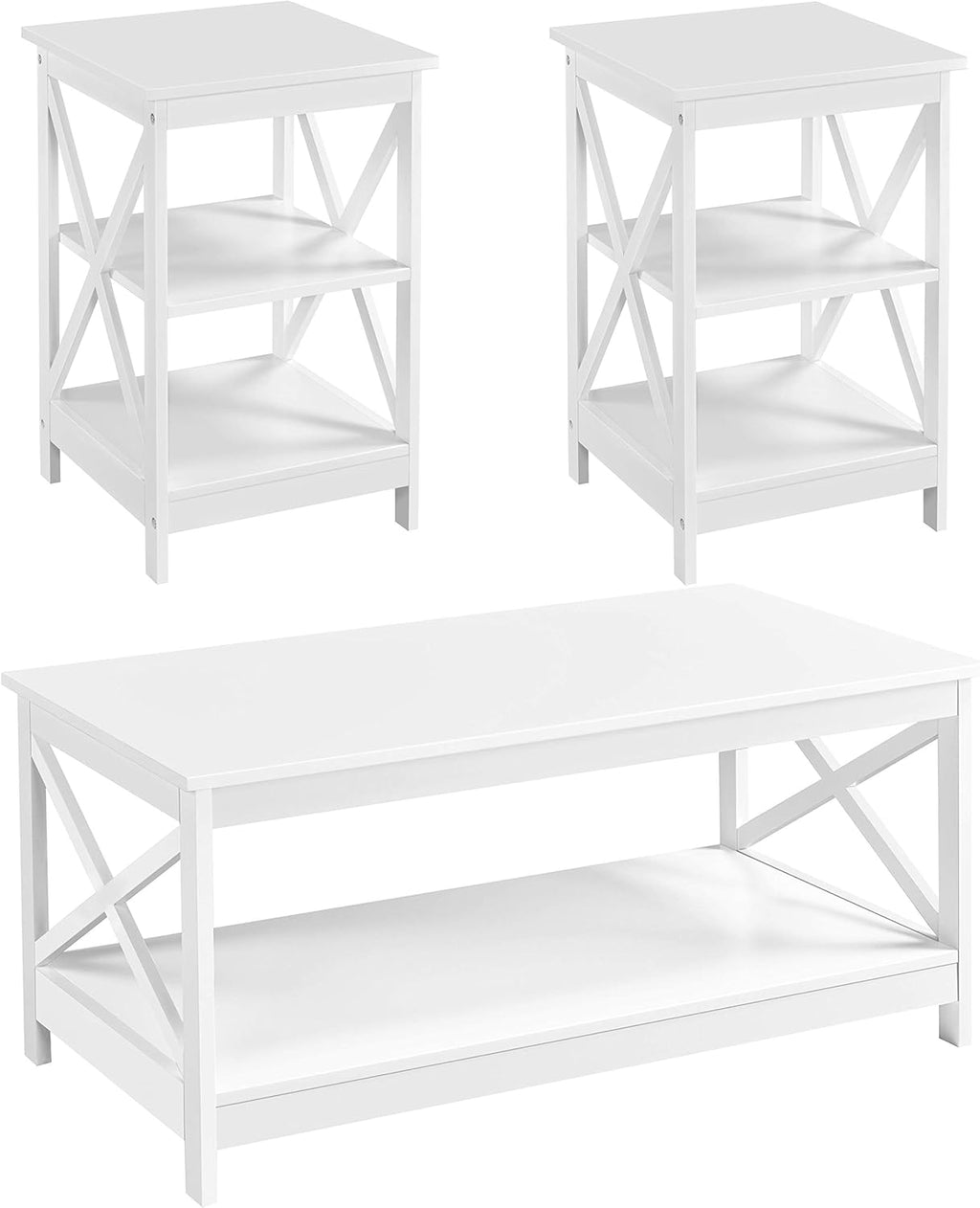 White 3 Piece Wood Table Set with Shelf and 2 End Tables V544078