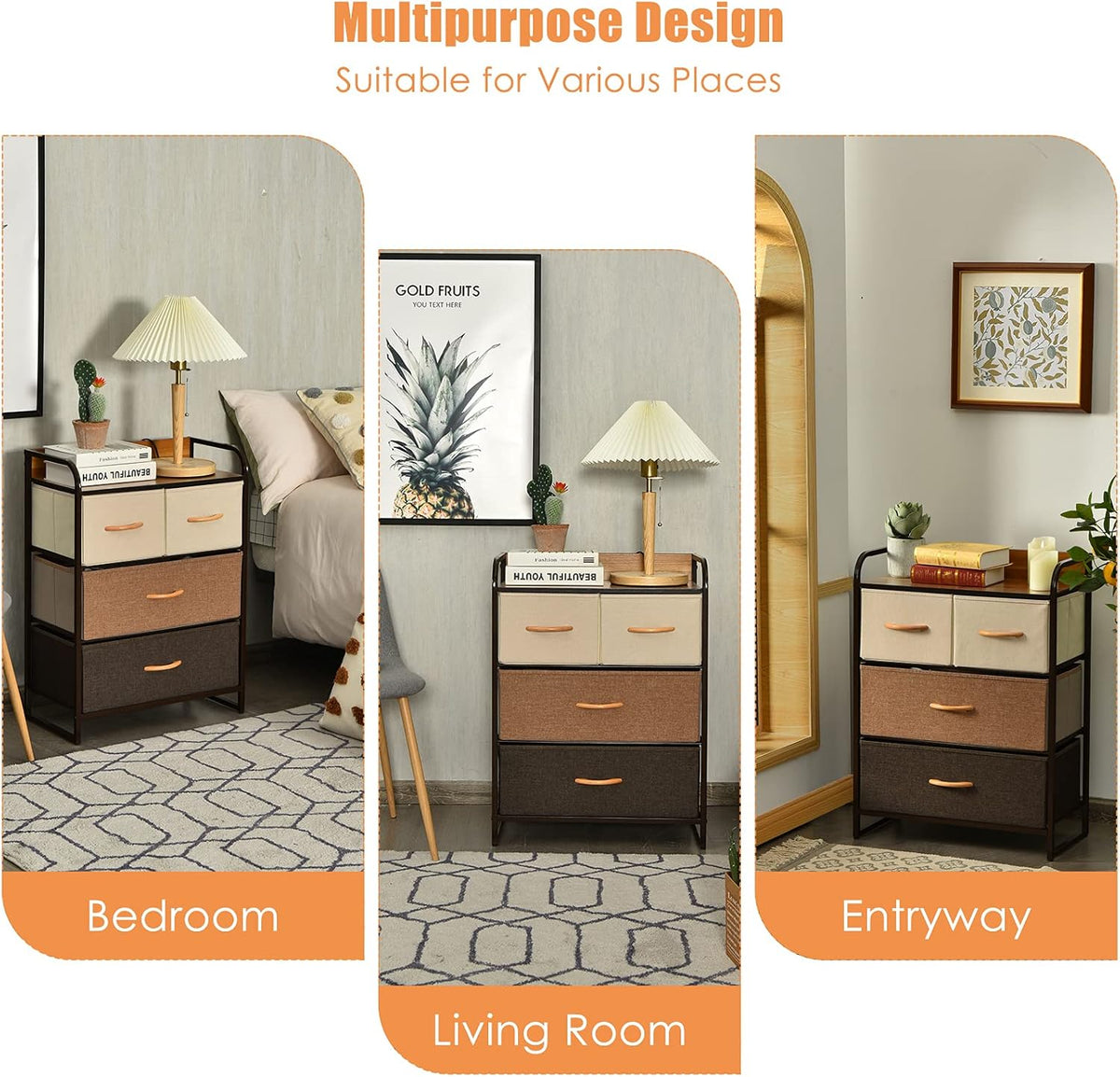 4 Drawer Fabric Dresser with Steel Frame and Wooden Top H1698