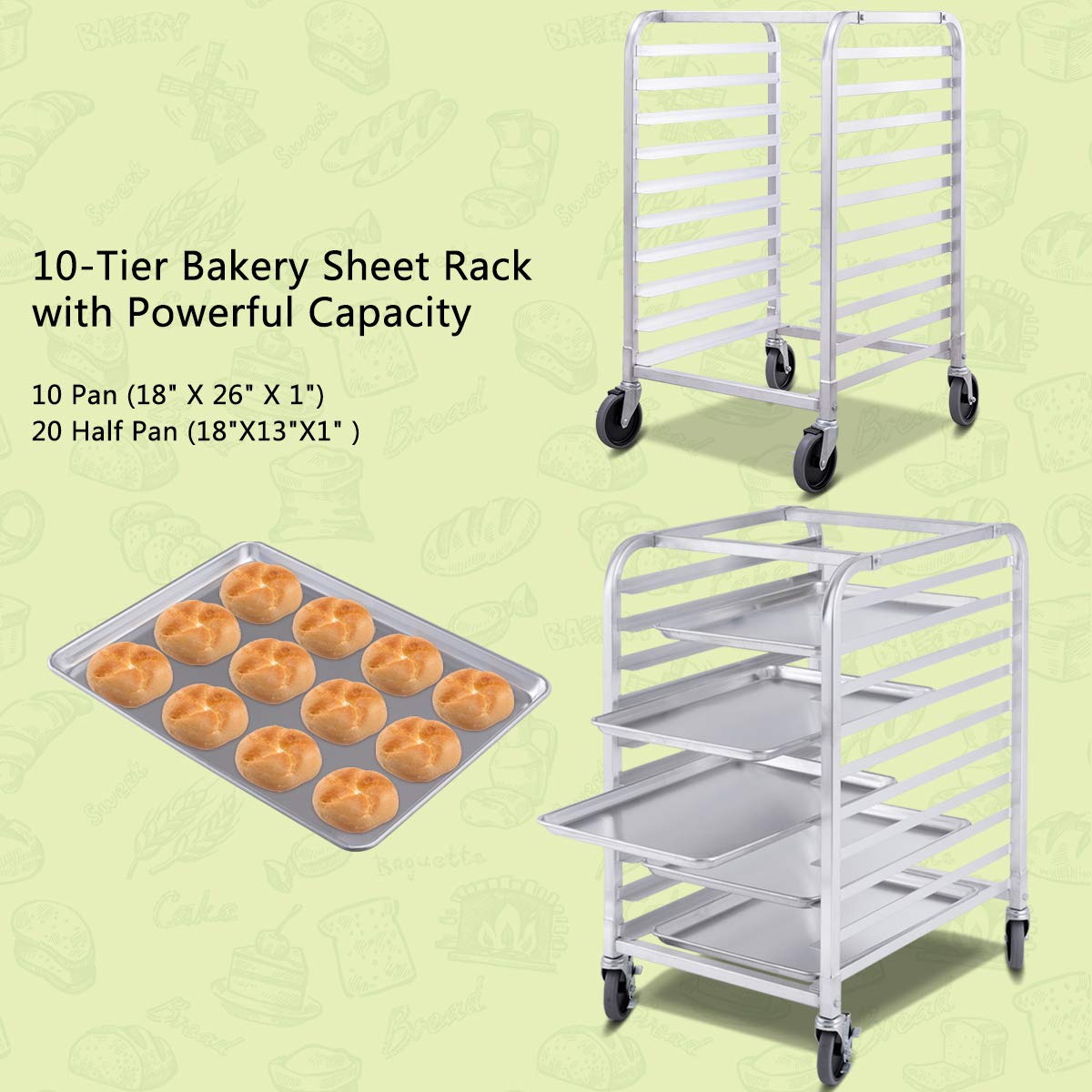 10 Tier Aluminum Bakery Rack with Lockable Casters N118089