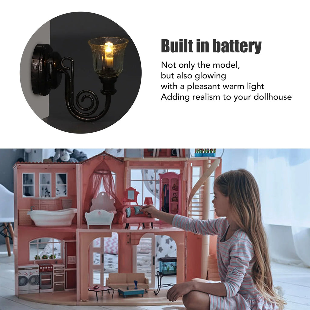 1:12 Dollhouse Wall Lamp LED Warm Lighting Metal Miniature Wall Sconce with Battery B2588