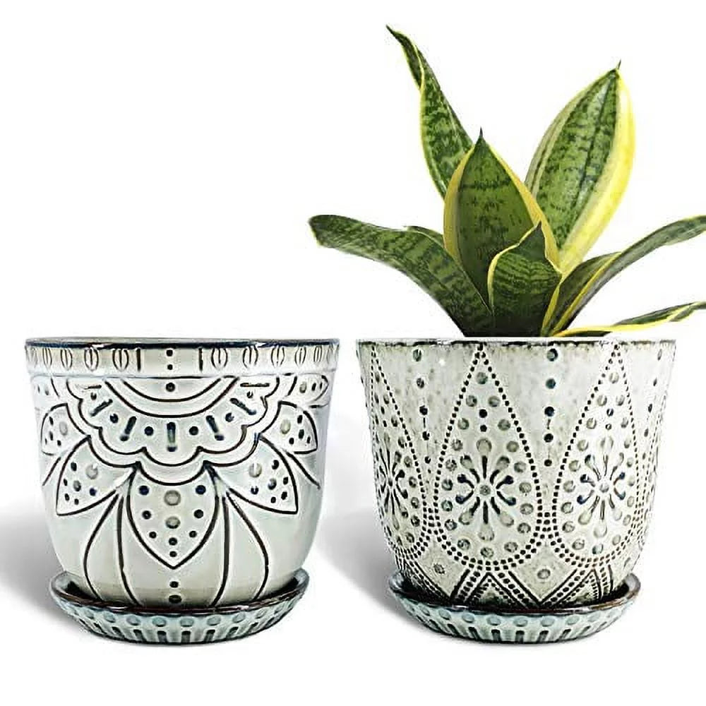 6 Inch Ceramic Planter with Drainage Hole and Saucer, Set of 2 R6401