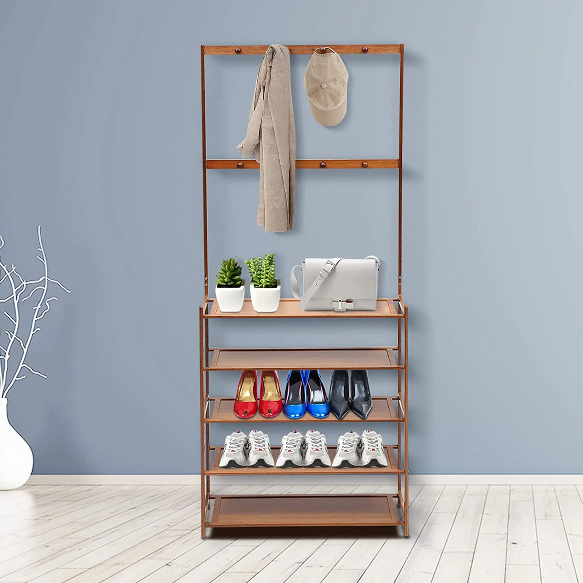 5-Tier Bamboo Coat Shoe Rack with Storage Bench and 8 Hooks C414