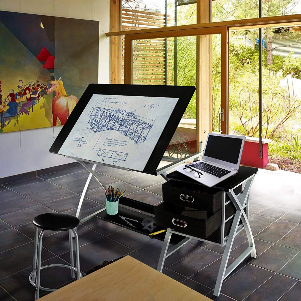 Adjustable Drafting Desk with Stool and 3 Slide Drawers K5057