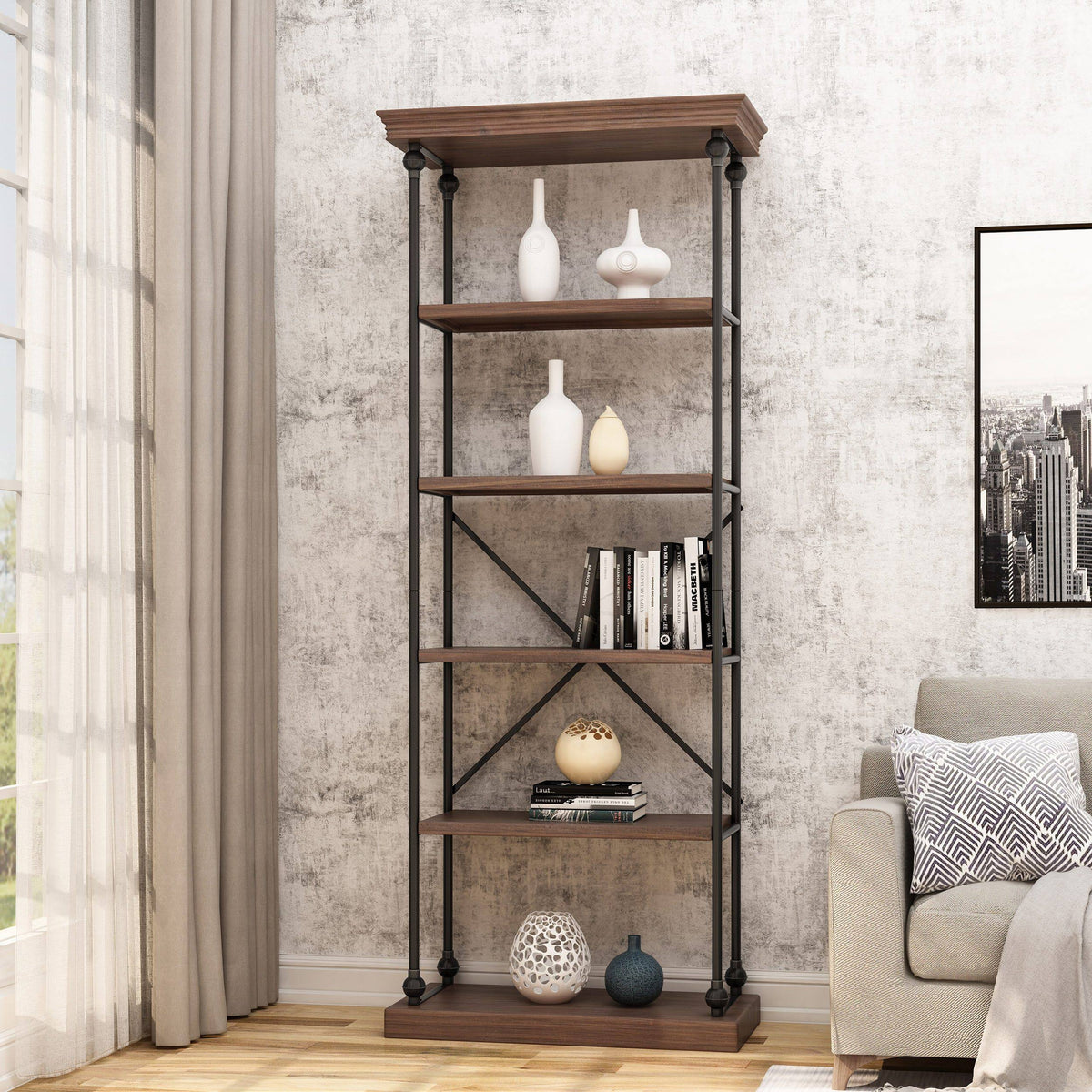 5-Shelf Wood & Metal Etagere Bookcase T376039