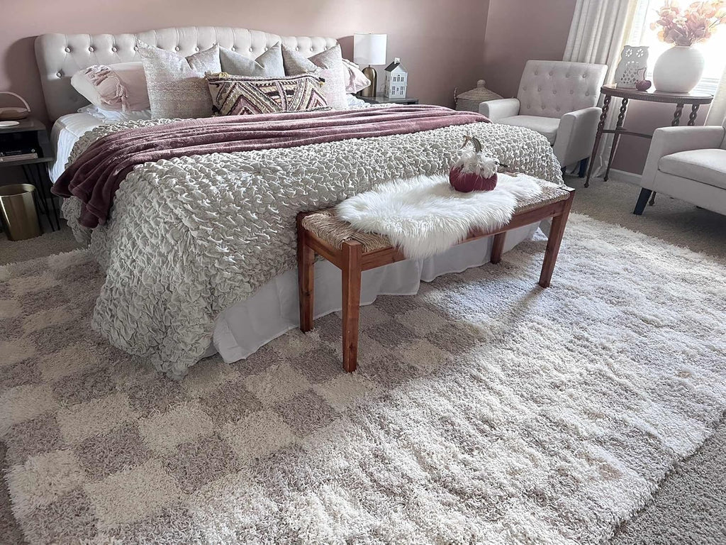 Beige Cream White Checkered Fluffy Shag Area Rug 6'7" x 9'6" A39427