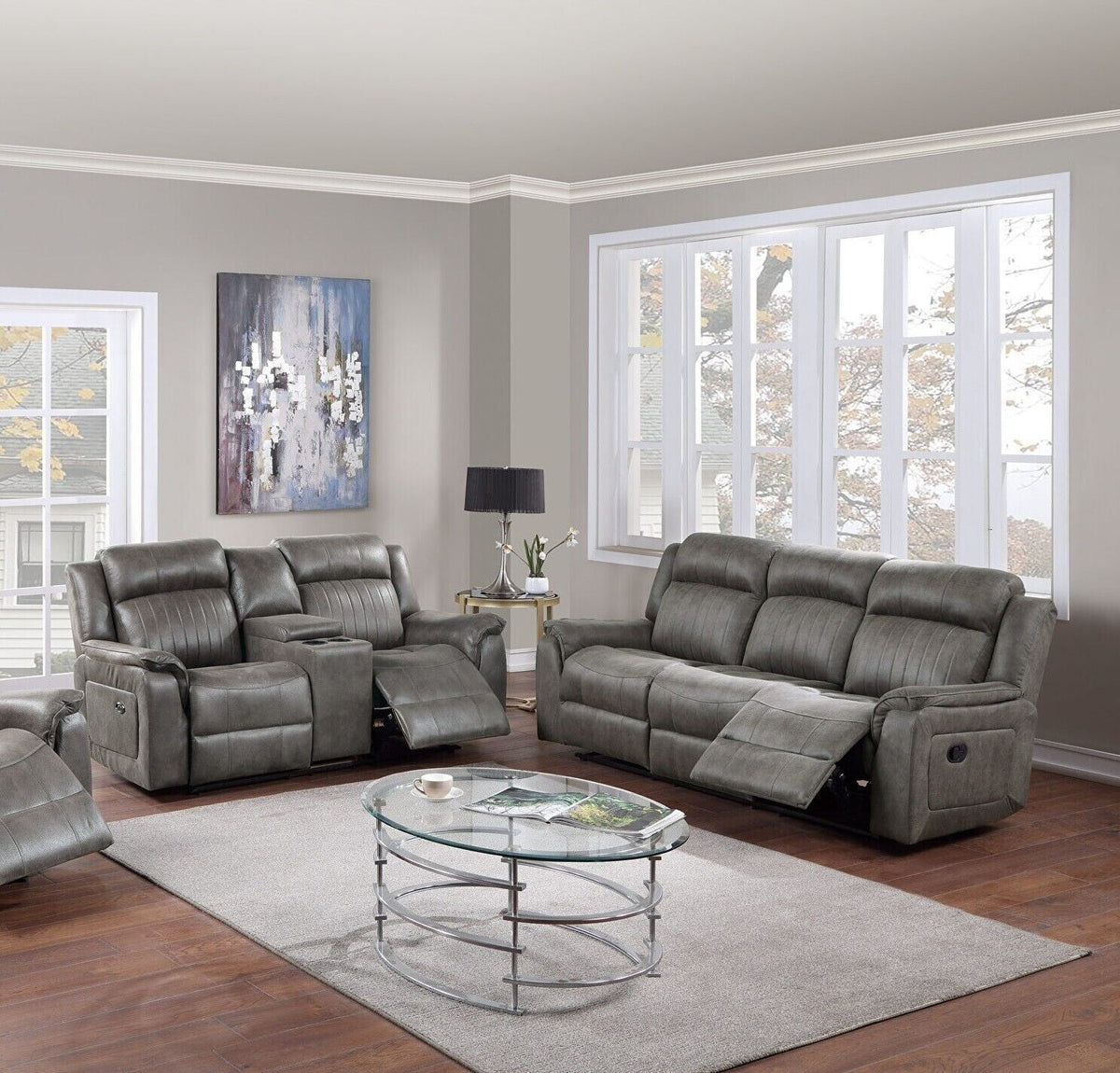 Slate Blue Leatherette Power Motion Reclining Sofa Set D79278