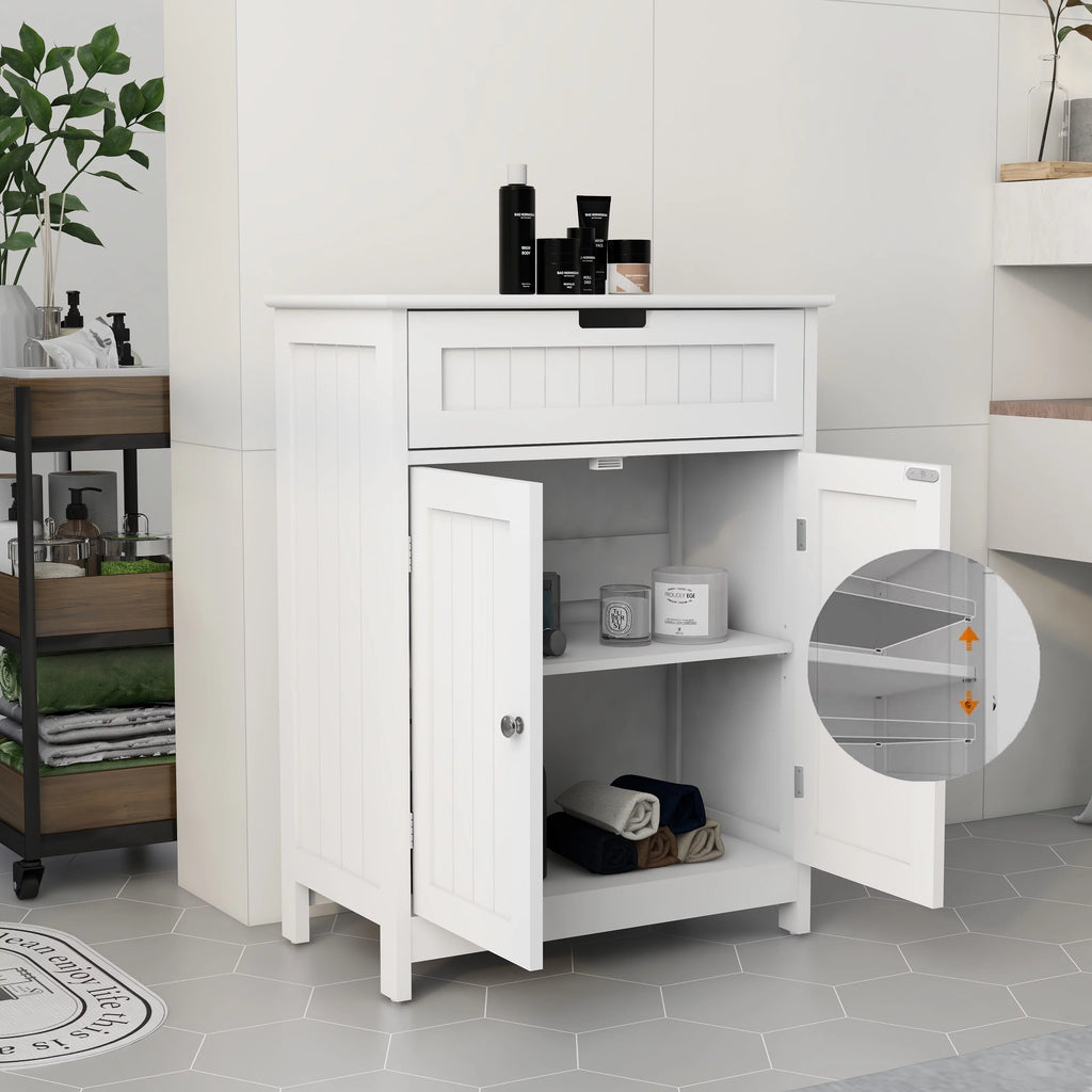 White Wood Bathroom Floor Cabinet 2 Doors 1 Drawer Q363553