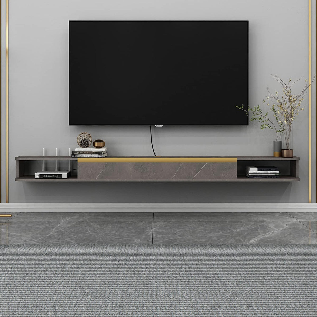 47.24 in Dark Gray Wall Mounted Wood TV Shelf with 3 Doors R542311