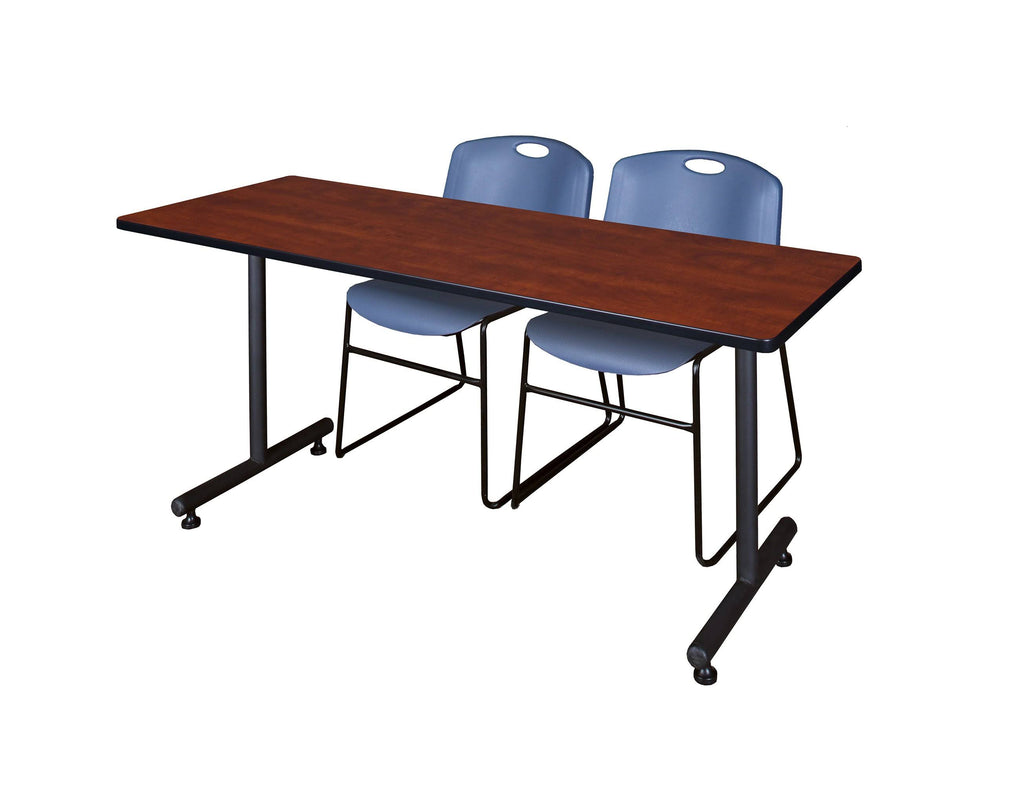 Cherry Training Table with 2 Blue Stack Chairs L45718