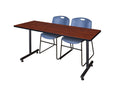 Cherry Training Table with 2 Blue Stack Chairs L45718