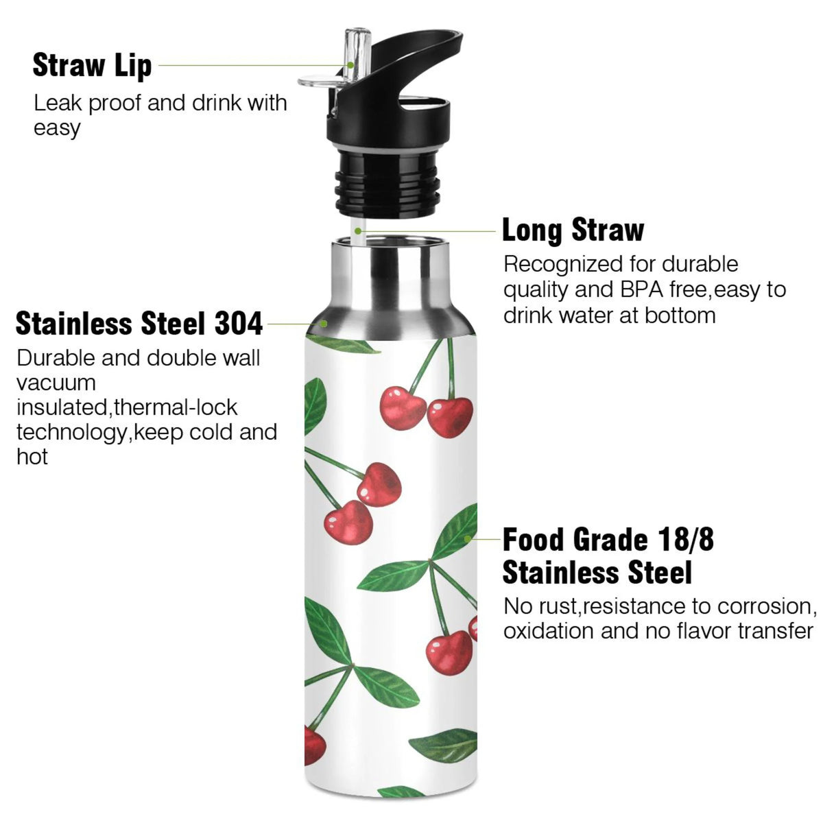 Stainless Steel Insulated Thermos Vacuum Flask Water Bottle with Straw Lid U772