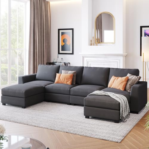 Large U-Shaped Sectional Sofa with Removable Ottomans, Gray Polyester W2031