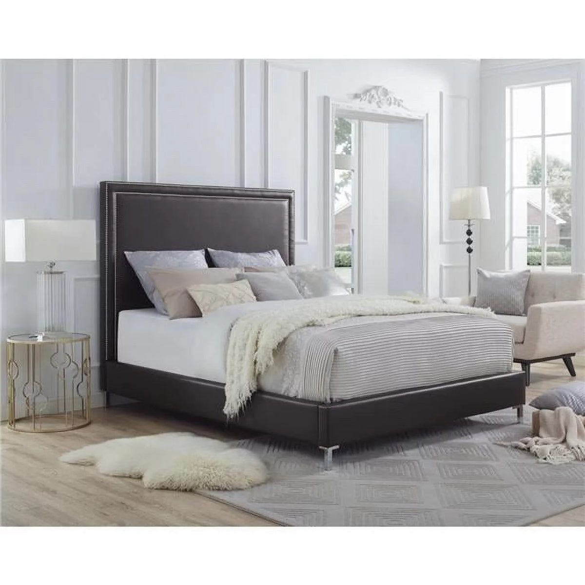 King Leather Platform Bed Frame with Nailhead in Espresso U131939