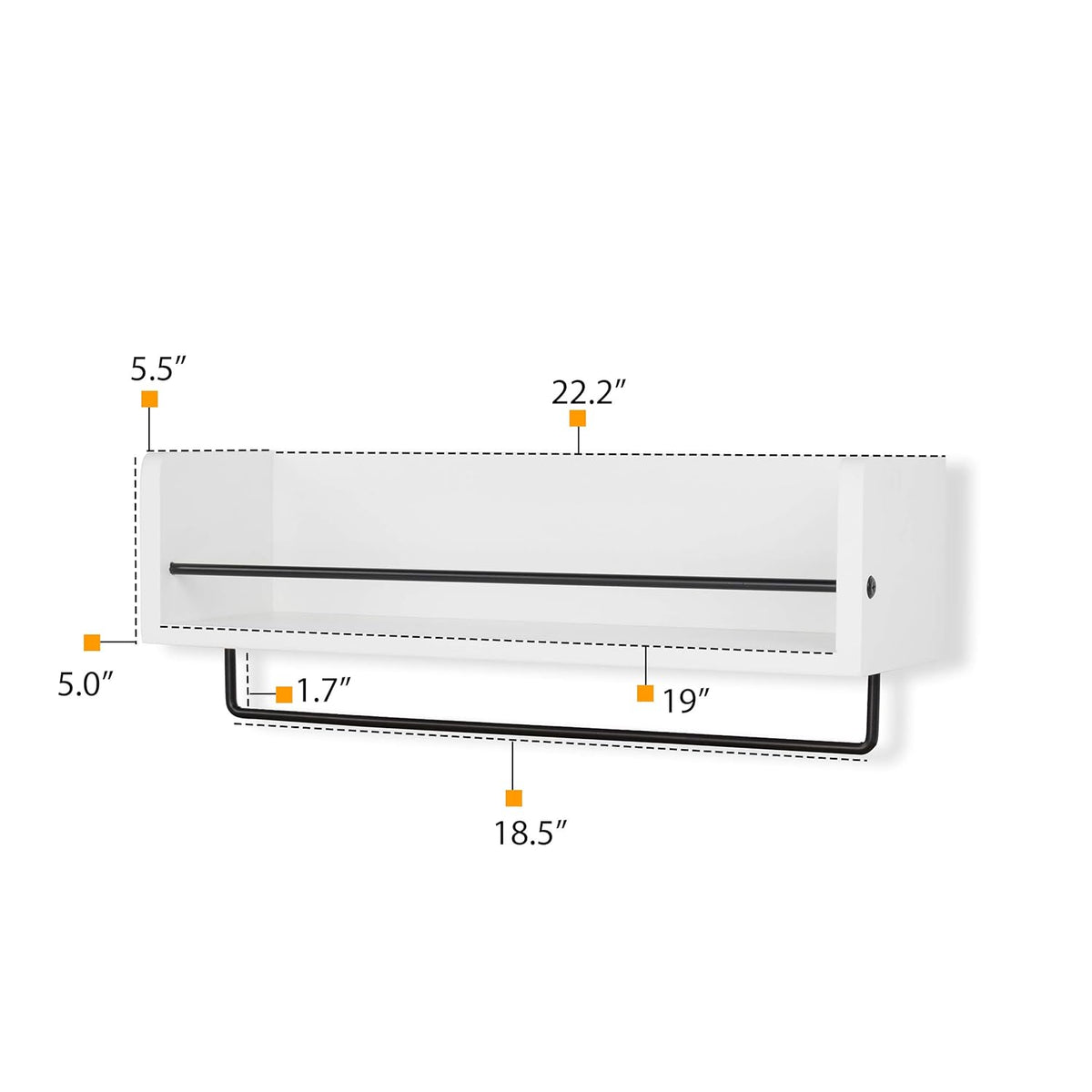 White Rustic Wood Wall Shelf with Metal Rail J6749