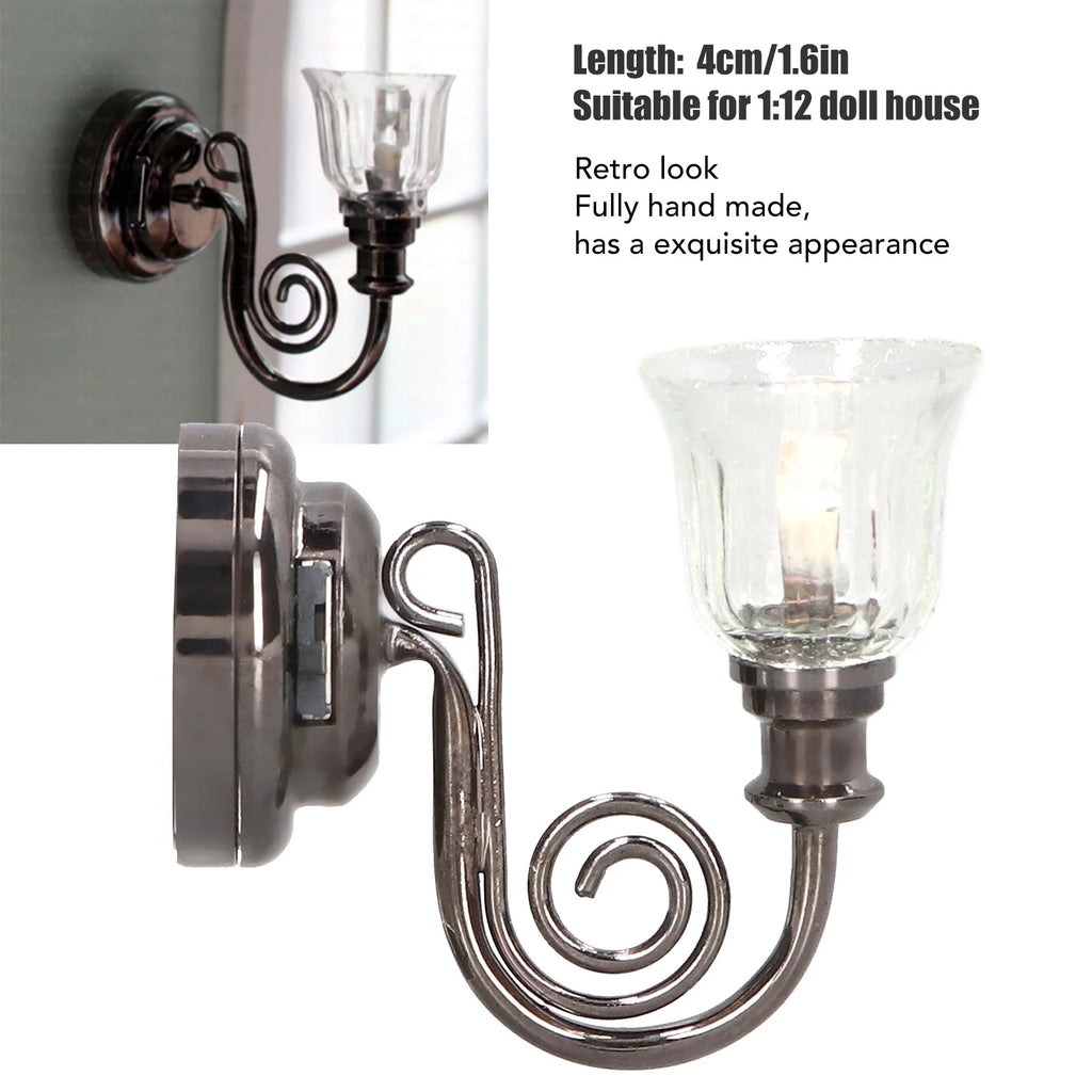 1:12 Dollhouse Wall Lamp LED Warm Lighting Metal Miniature Wall Sconce with Battery B2588