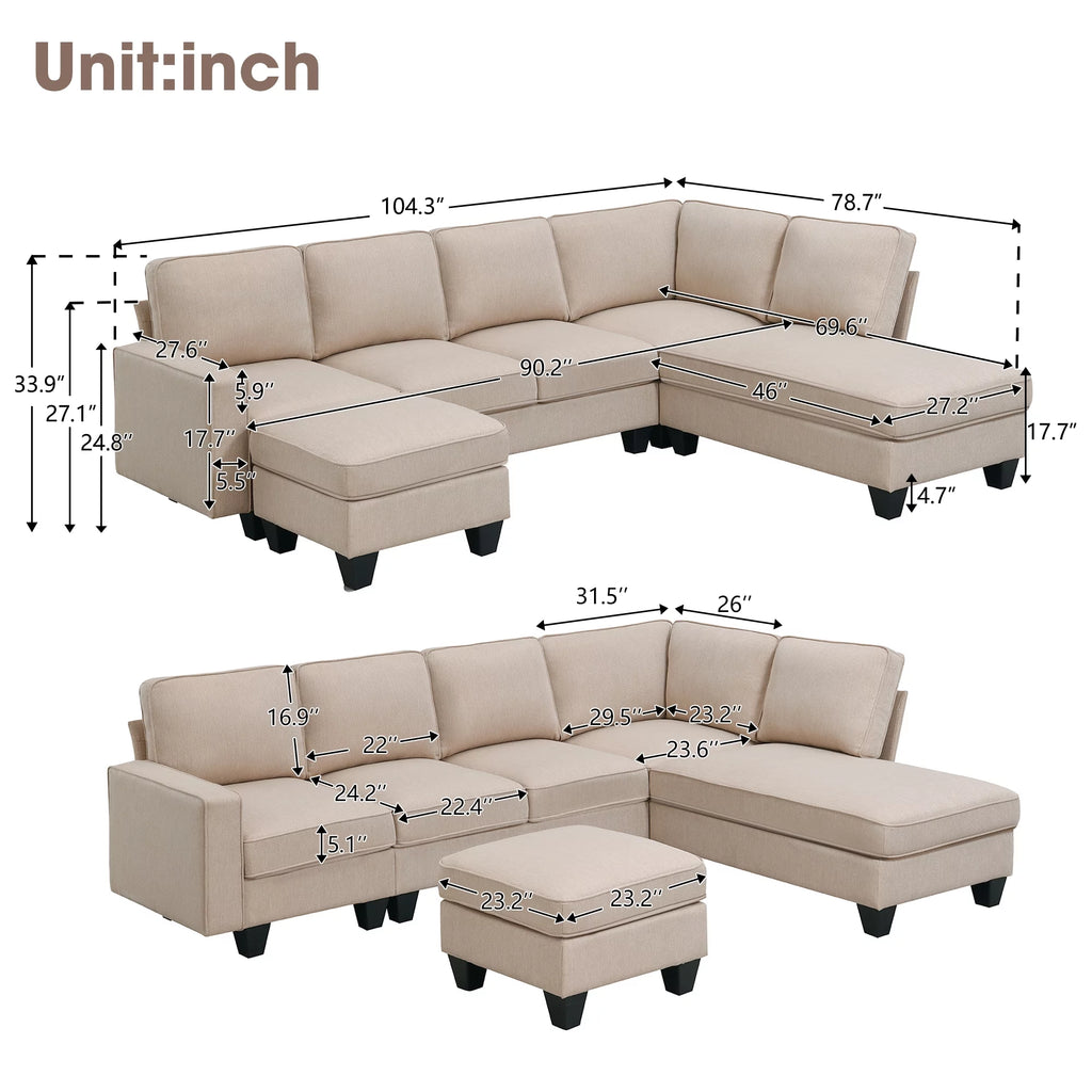 L Shaped Linen Sectional Sofa with Chaise F3266