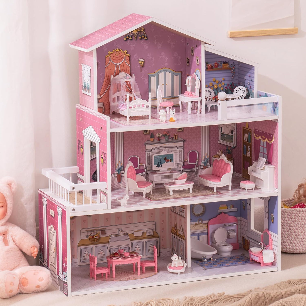 Wooden Dollhouse Playset, 3 Stories, 5 Rooms, 24 PCS Furniture U76780