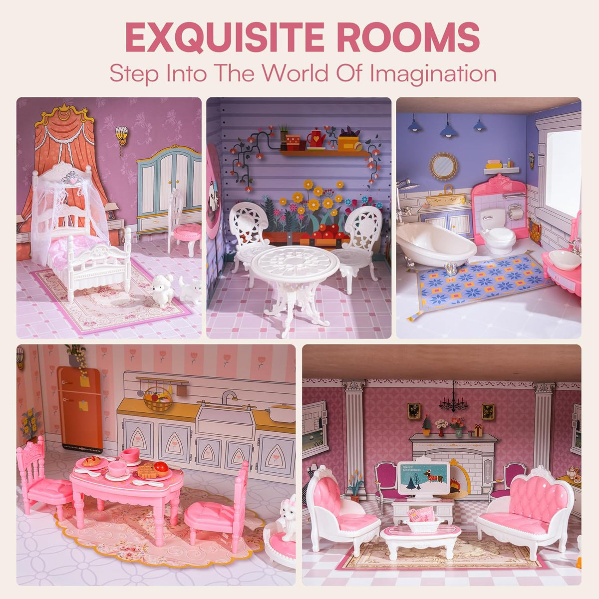 Wooden Dollhouse Playset, 3 Stories, 5 Rooms, 24 PCS Furniture U76780