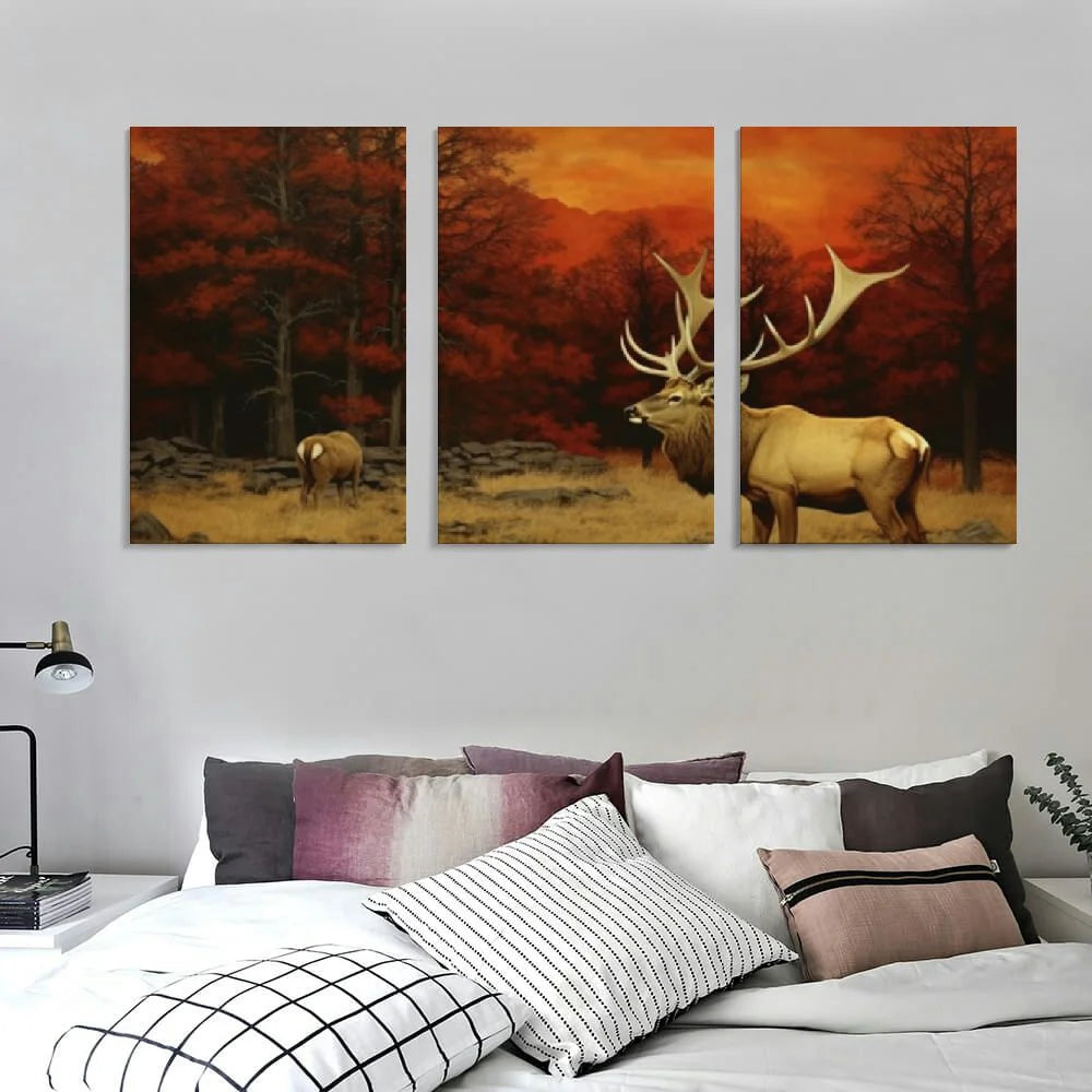 Deer Elk Forest Canvas Wall Art Painting Prints 12''x16'' 3 Panels E53158