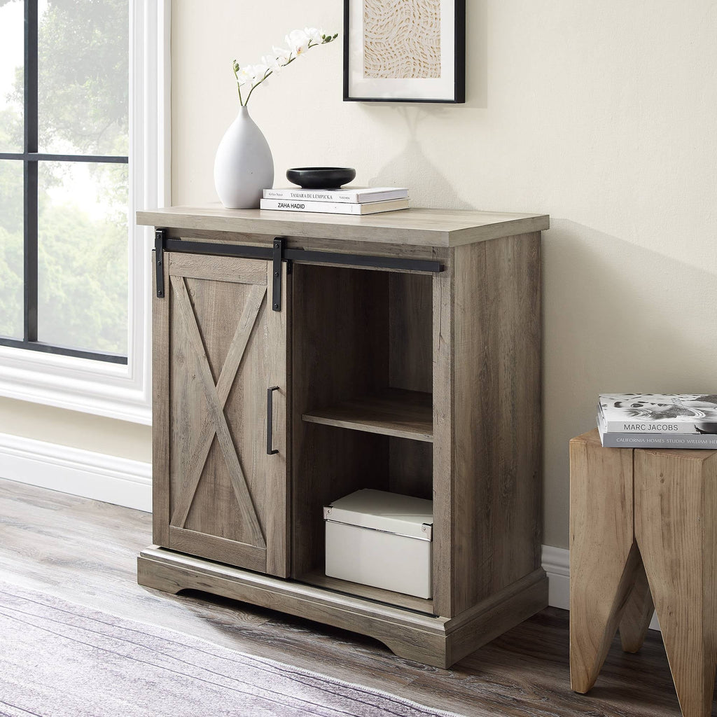 Rustic Farmhouse Accent Cabinet with Sliding Barn Door Gray Wash G274