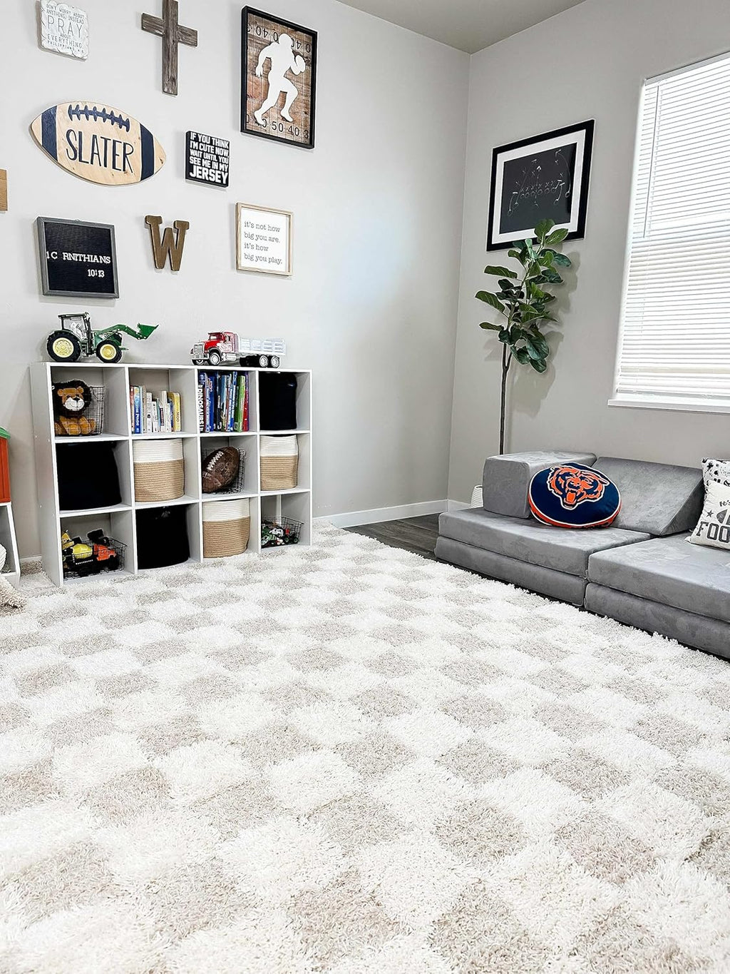 Beige Cream White Checkered Fluffy Shag Area Rug 6'7" x 9'6" A39427