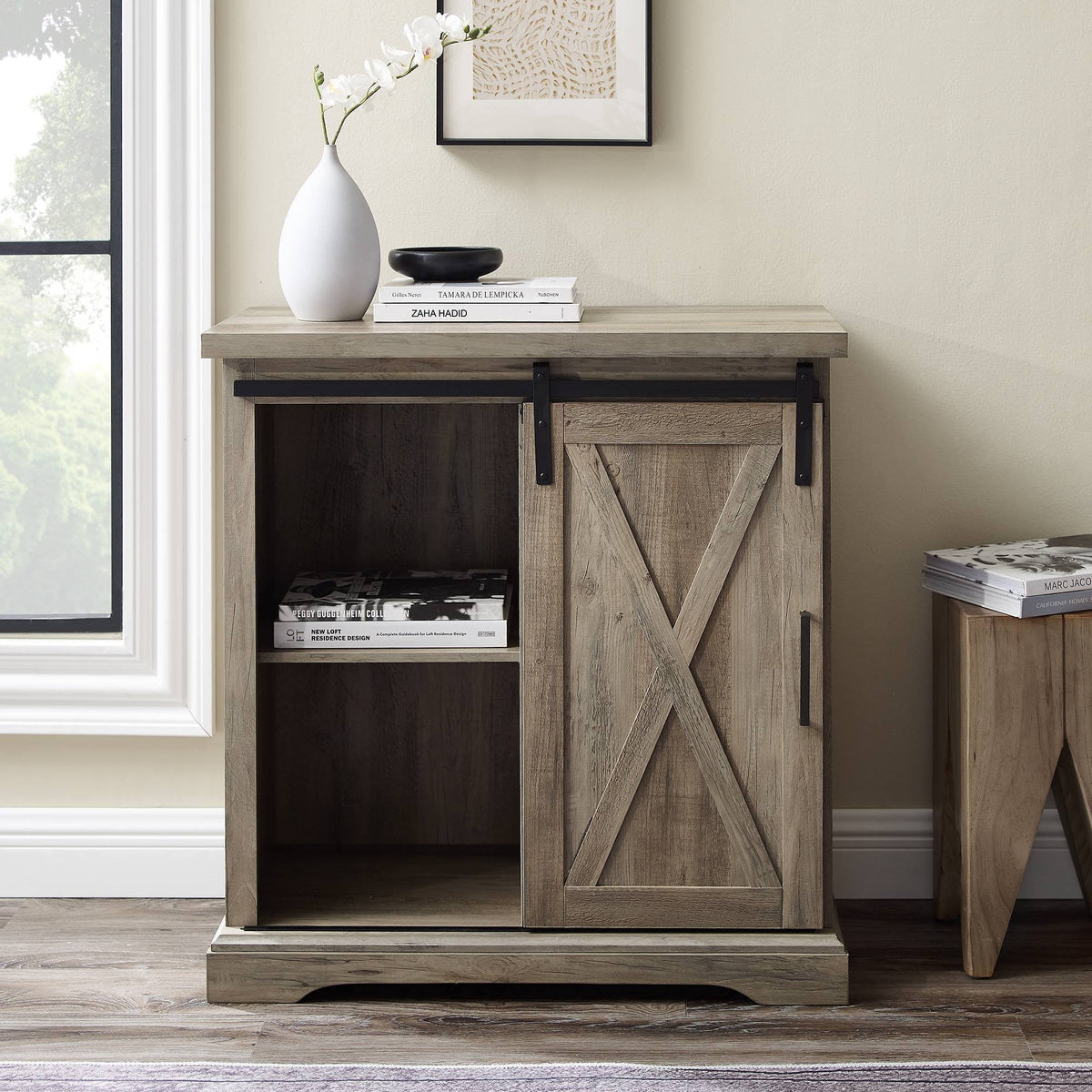 Rustic Farmhouse Accent Cabinet with Sliding Barn Door Gray Wash G274