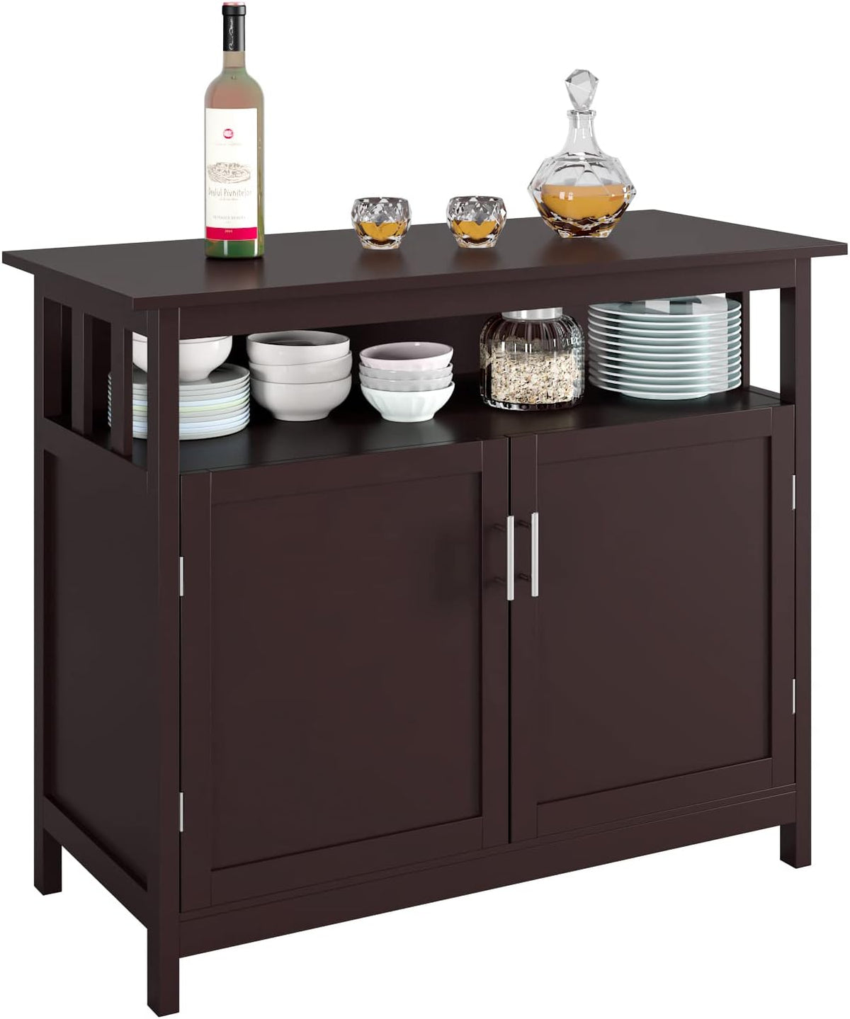 White Kitchen Sideboard Cabinet with 2 Doors and Display Shelves L582601