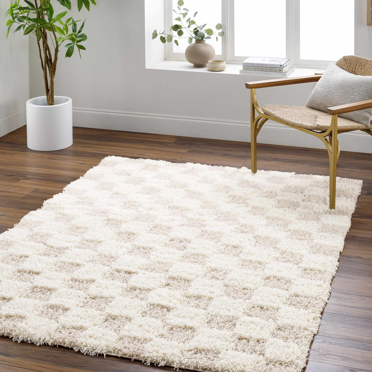 Beige Cream White Checkered Fluffy Shag Area Rug 6'7" x 9'6" A39427